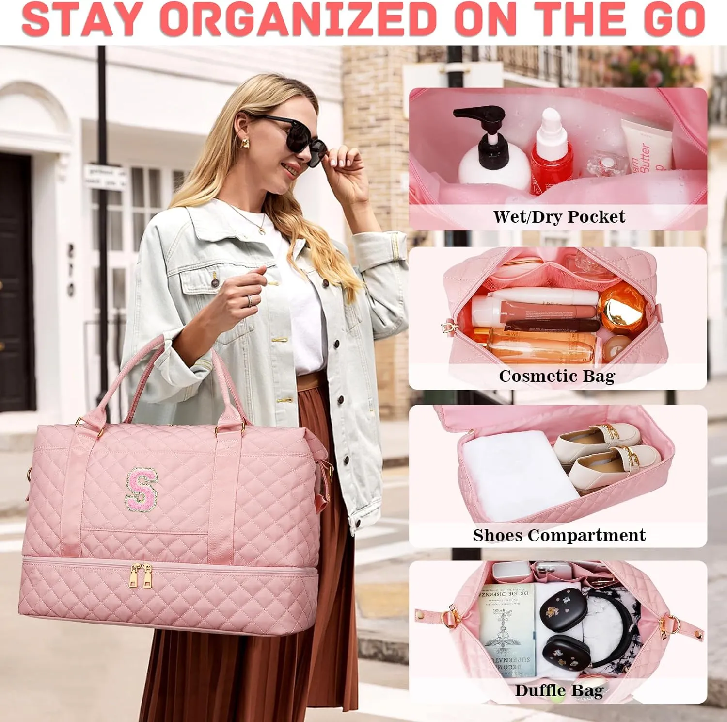 Gifts for Women Initial Travel Duffle Bag Quilted Weekender Carry-On Overnight with Cosmetic Bag, Gym Bag with Shoe Compartment Hospital Bag for Labor Delivery, Pink S