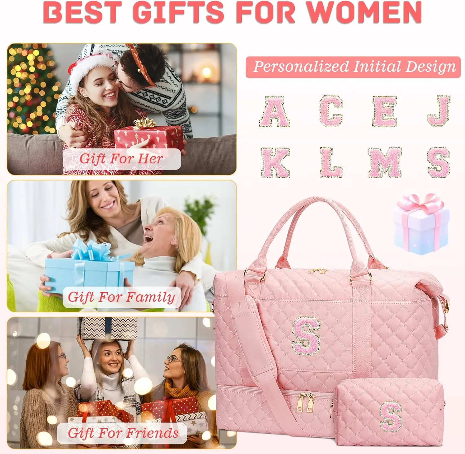 Gifts for Women Initial Travel Duffle Bag Quilted Weekender Carry-On Overnight with Cosmetic Bag, Gym Bag with Shoe Compartment Hospital Bag for Labor Delivery, Pink S