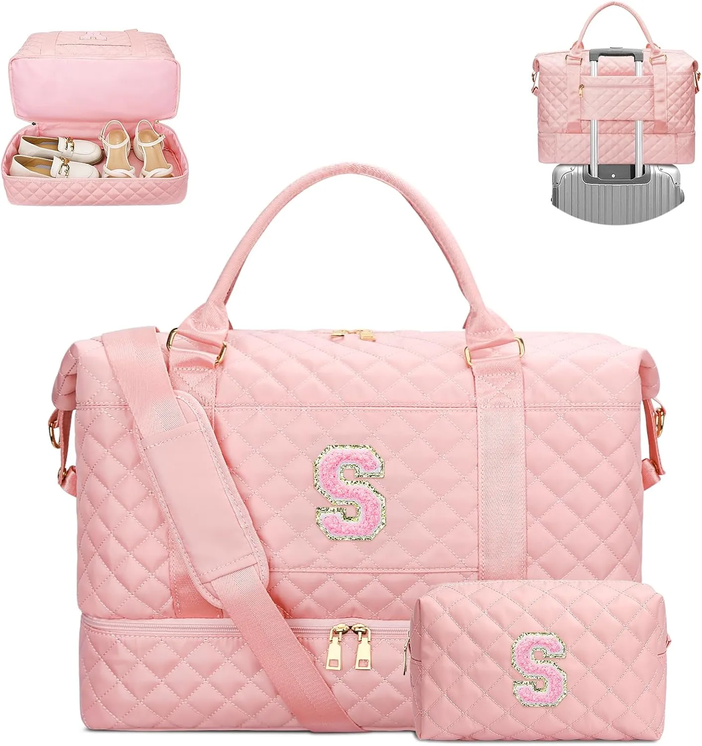 Gifts for Women Initial Travel Duffle Bag Quilted Weekender Carry-On Overnight with Cosmetic Bag, Gym Bag with Shoe Compartment Hospital Bag for Labor Delivery, Pink S