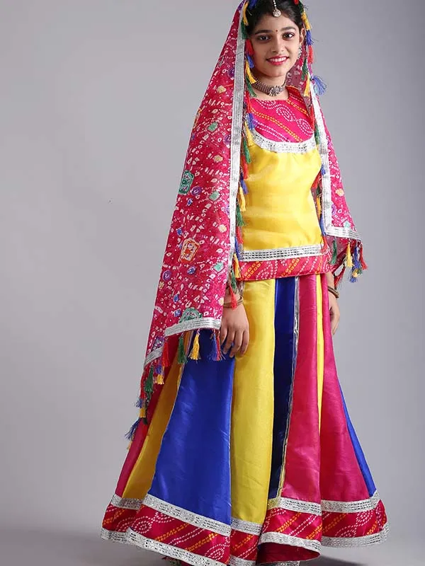 Girls Rajasthani Ghoomar Folk Dance Multi Yellow Costume (Lehenga,Top,Dupatta Set)
