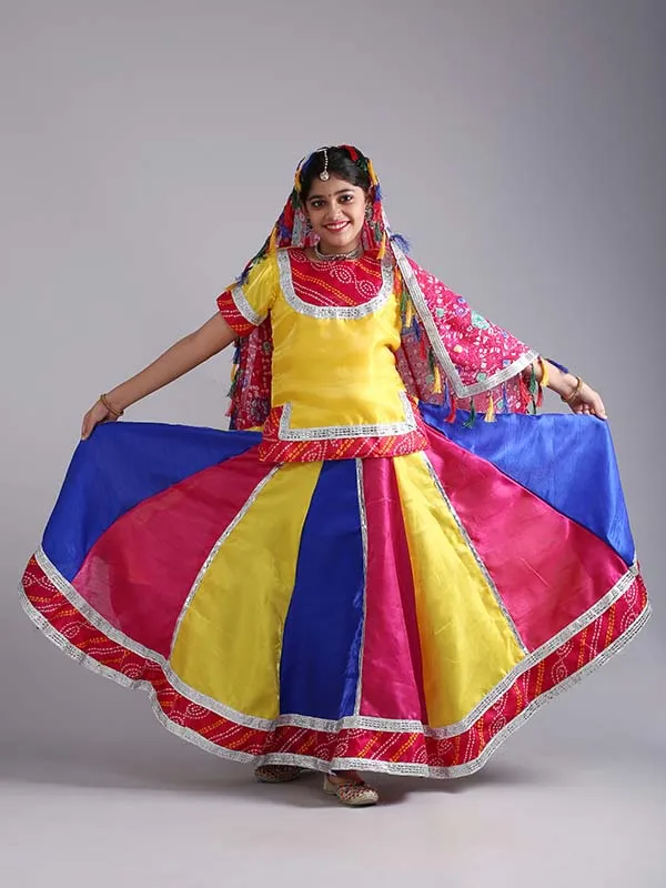 Girls Rajasthani Ghoomar Folk Dance Multi Yellow Costume (Lehenga,Top,Dupatta Set)