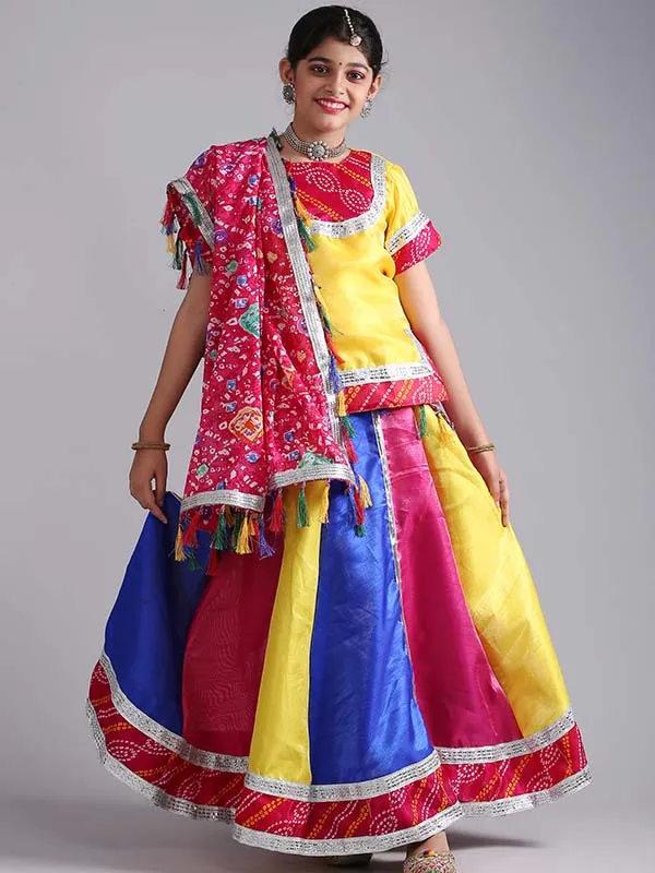 Girls Rajasthani Ghoomar Folk Dance Multi Yellow Costume (Lehenga,Top,Dupatta Set)