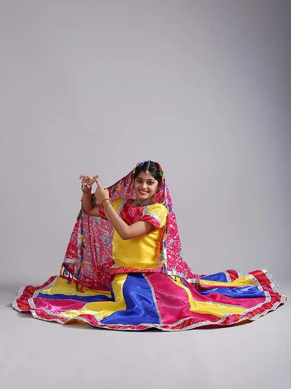 Girls Rajasthani Ghoomar Folk Dance Multi Yellow Costume (Lehenga,Top,Dupatta Set)