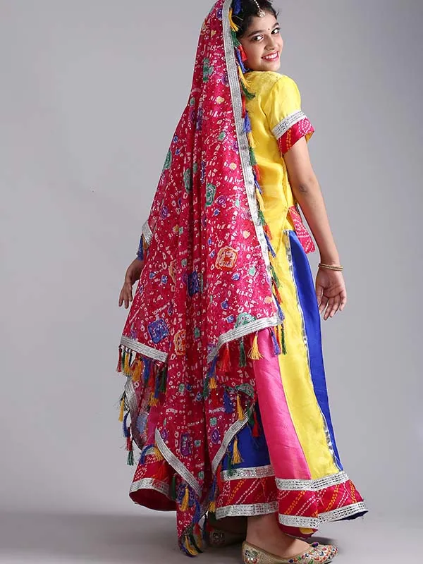 Girls Rajasthani Ghoomar Folk Dance Multi Yellow Costume (Lehenga,Top,Dupatta Set)