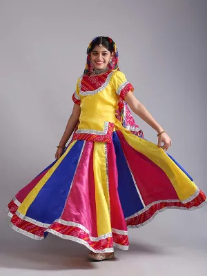 Girls Rajasthani Ghoomar Folk Dance Multi Yellow Costume (Lehenga,Top,Dupatta Set)