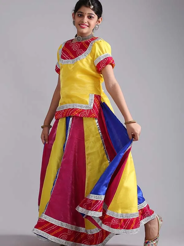Girls Rajasthani Ghoomar Folk Dance Multi Yellow Costume (Lehenga,Top,Dupatta Set)