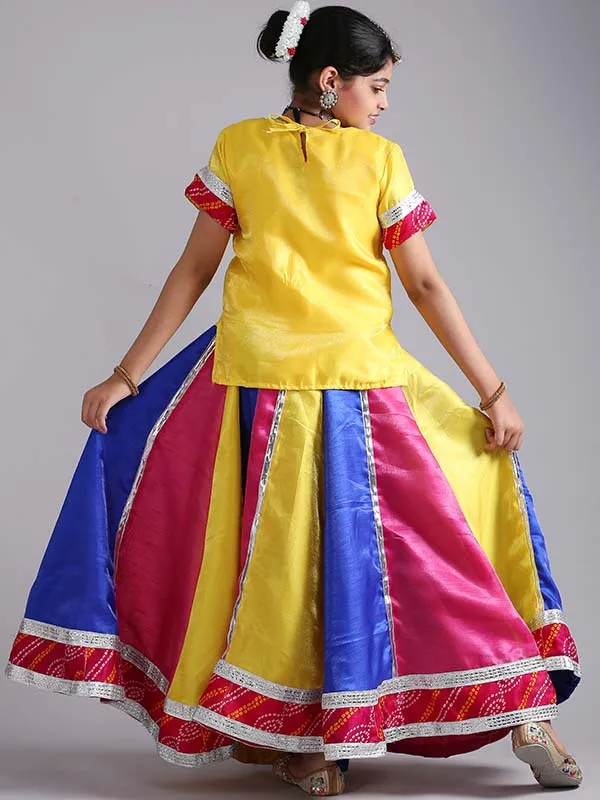 Girls Rajasthani Ghoomar Folk Dance Multi Yellow Costume (Lehenga,Top,Dupatta Set)