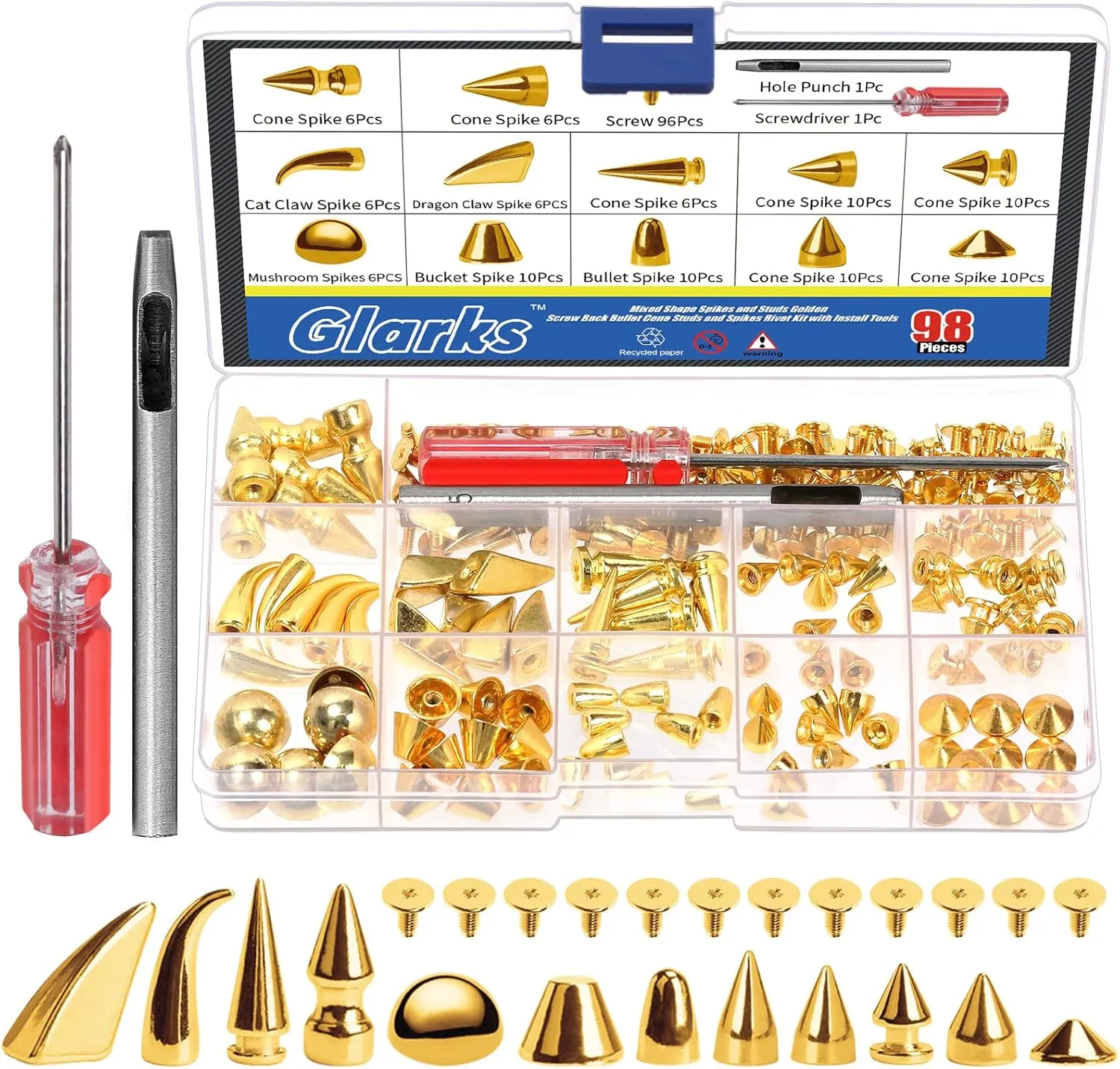 Glarks 98Pcs Gold Mixed Shape Spikes Studs Rivets Kit with Install Tools, Screw Back Bullet Cone Studs and Spikes Punk Rivets Set for Leather Belts Bags Shoes Dog Collars DIY Craft Decoration