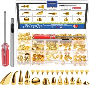 Glarks 98Pcs Gold Mixed Shape Spikes Studs Rivets Kit with Install Tools, Screw Back Bullet Cone Studs and Spikes Punk Rivets Set for Leather Belts Bags Shoes Dog Collars DIY Craft Decoration