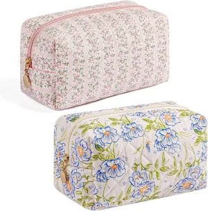 Gleyemor 2 Pieces Quilted Makeup Bag, Cute Floral Cosmetic Bag for Women, Cotton Make Up Bag Set, Flower Travel Toiletry Bag Organizer (Pink Floral  Green Flower)
