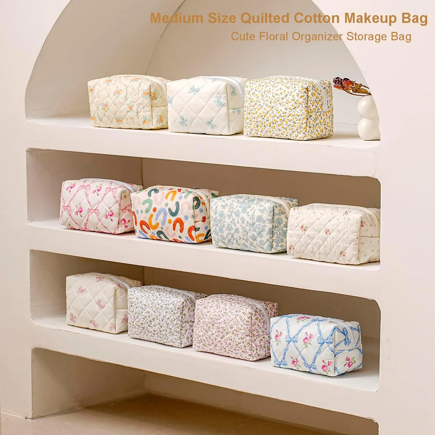 Gleyemor 2 Pieces Quilted Makeup Bag, Cute Floral Cosmetic Bag for Women, Cotton Make Up Bag Set, Flower Travel Toiletry Bag (Pink Floral  Blue Bowknot)