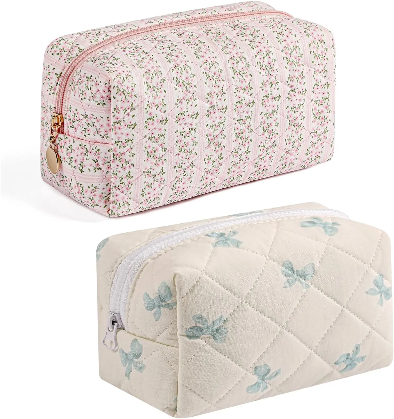 Gleyemor 2 Pieces Quilted Makeup Bag, Cute Floral Cosmetic Bag for Women, Cotton Make Up Bag Set, Flower Travel Toiletry Bag (Pink Floral  Blue Bowknot)