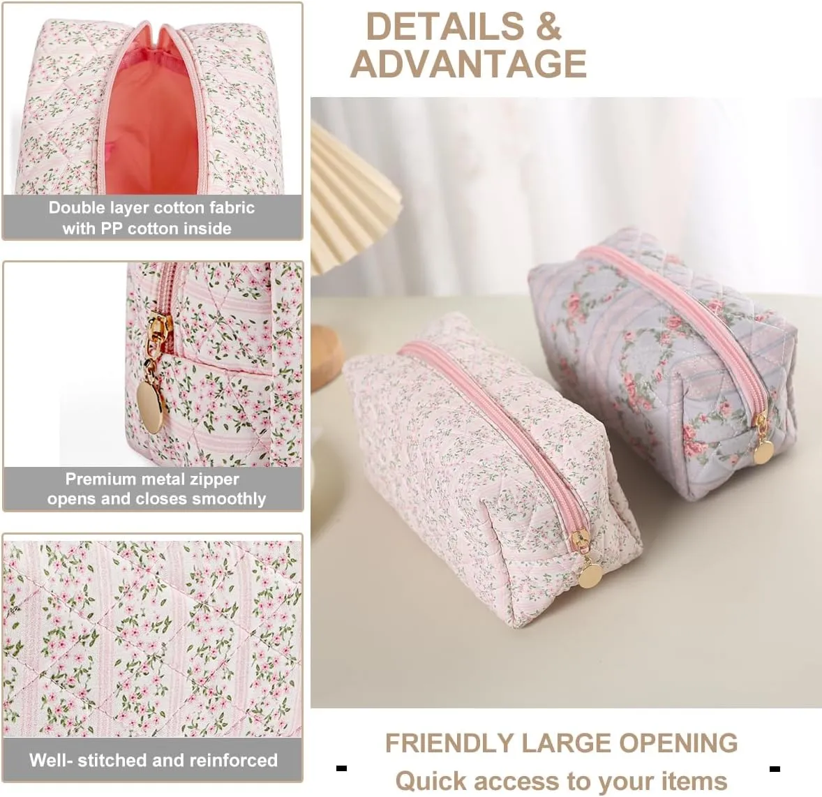 Gleyemor 2 Pieces Quilted Makeup Bag, Cute Floral Cosmetic Bag for Women, Cotton Make Up Bag Set, Flower Travel Toiletry Bag (Pink Floral  Blue Bowknot)
