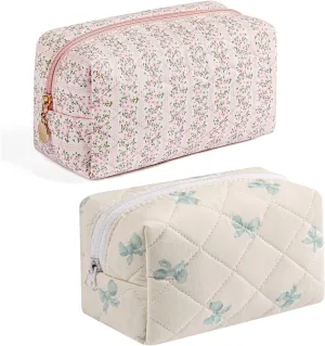 Gleyemor 2 Pieces Quilted Makeup Bag, Cute Floral Cosmetic Bag for Women, Cotton Make Up Bag Set, Flower Travel Toiletry Bag (Pink Floral  Blue Bowknot)