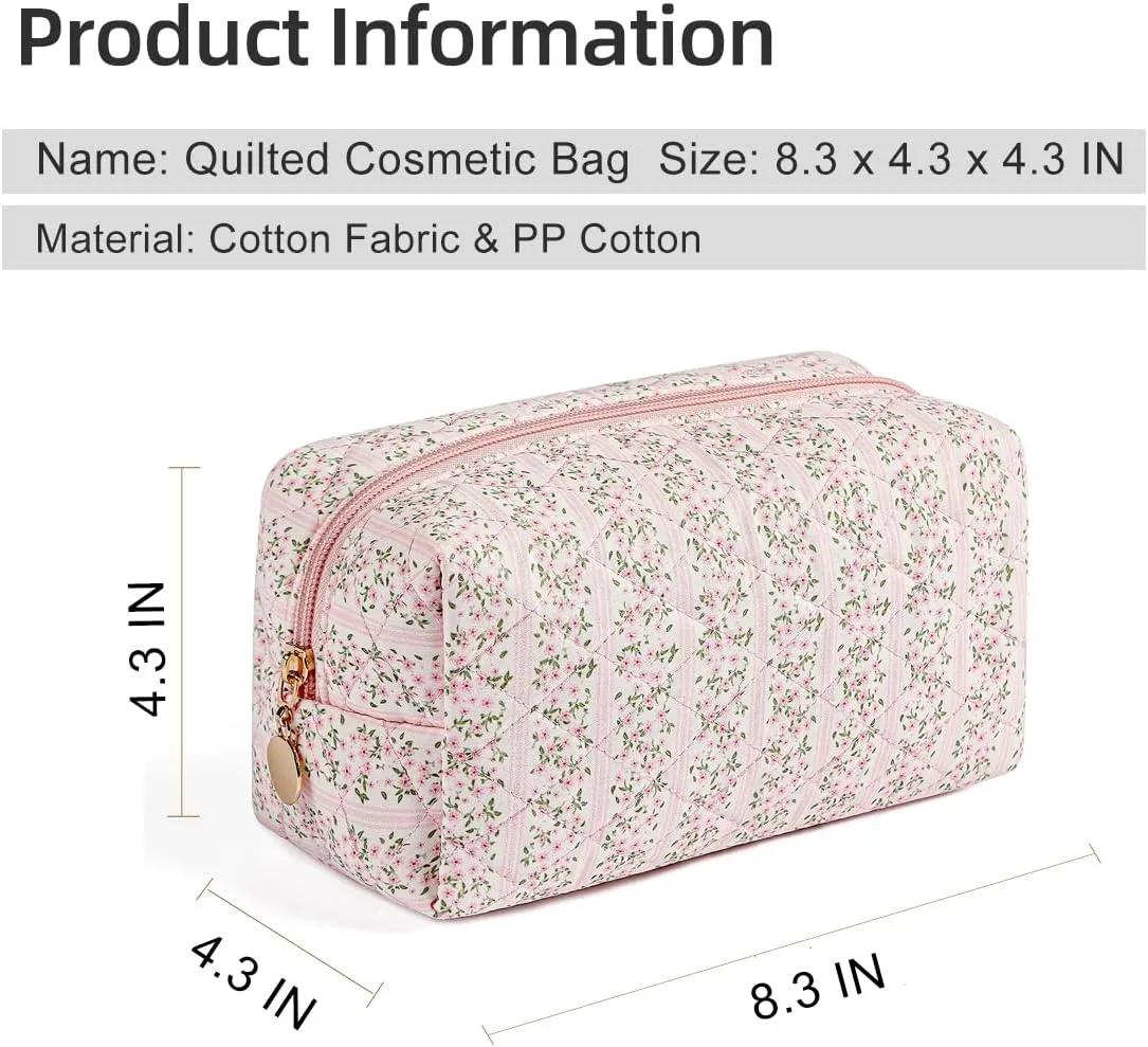 Gleyemor 2 Pieces Quilted Makeup Bag, Cute Floral Cosmetic Bag for Women, Cotton Make Up Bag Set, Flower Travel Toiletry Bag (Pink Floral  Blue Bowknot)