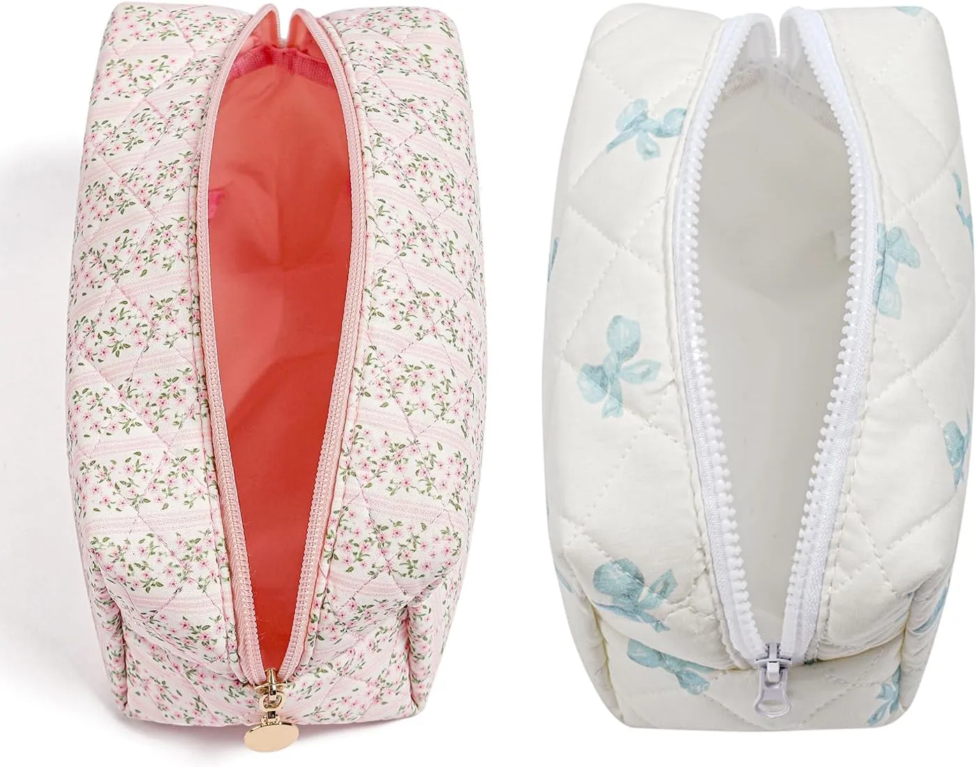 Gleyemor 2 Pieces Quilted Makeup Bag, Cute Floral Cosmetic Bag for Women, Cotton Make Up Bag Set, Flower Travel Toiletry Bag (Pink Floral  Blue Bowknot)