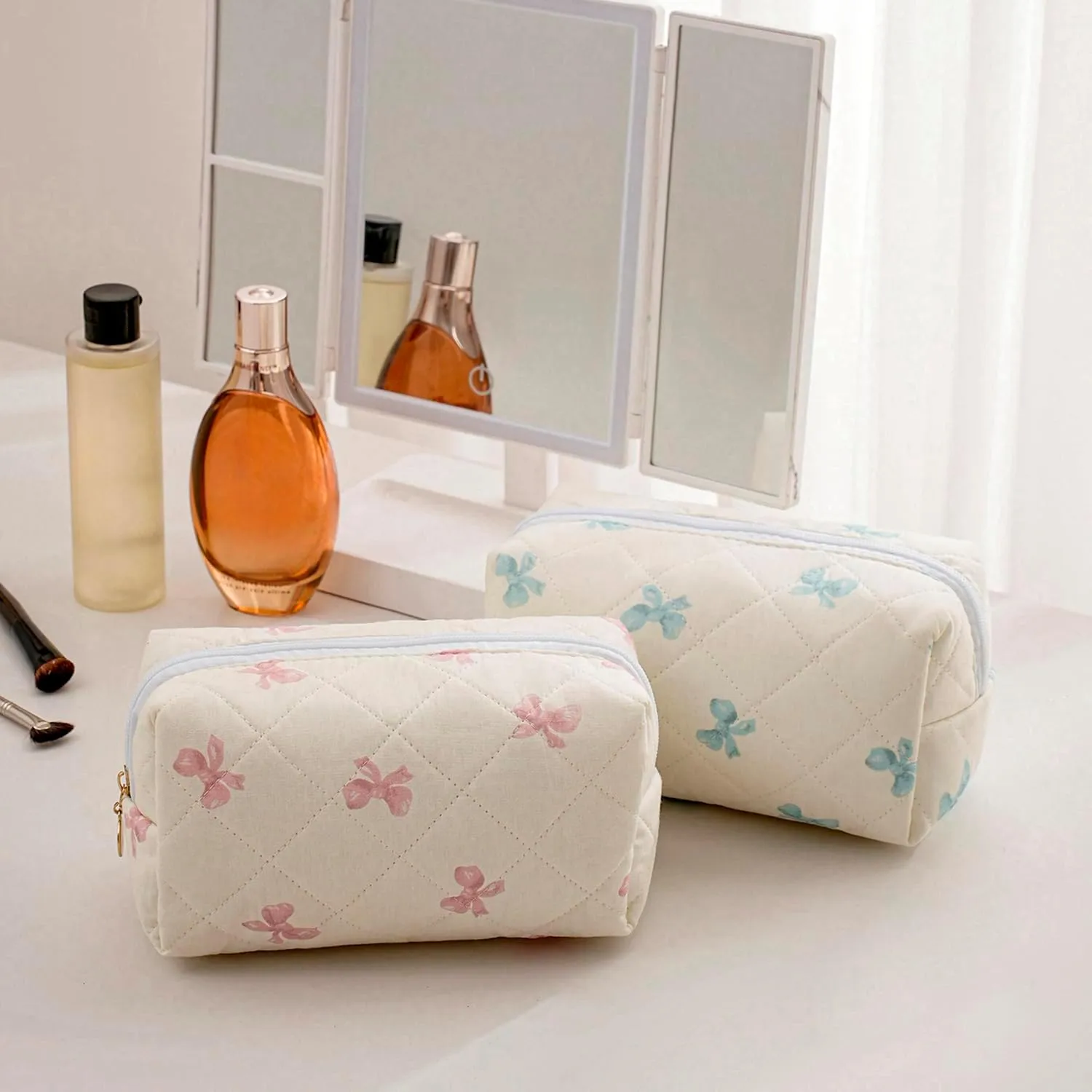 Gleyemor 2 Pieces Quilted Makeup Bag, Cute Floral Cosmetic Bag for Women, Cotton Make Up Bag Set, Flower Travel Toiletry Bag (Pink Floral  Blue Bowknot)
