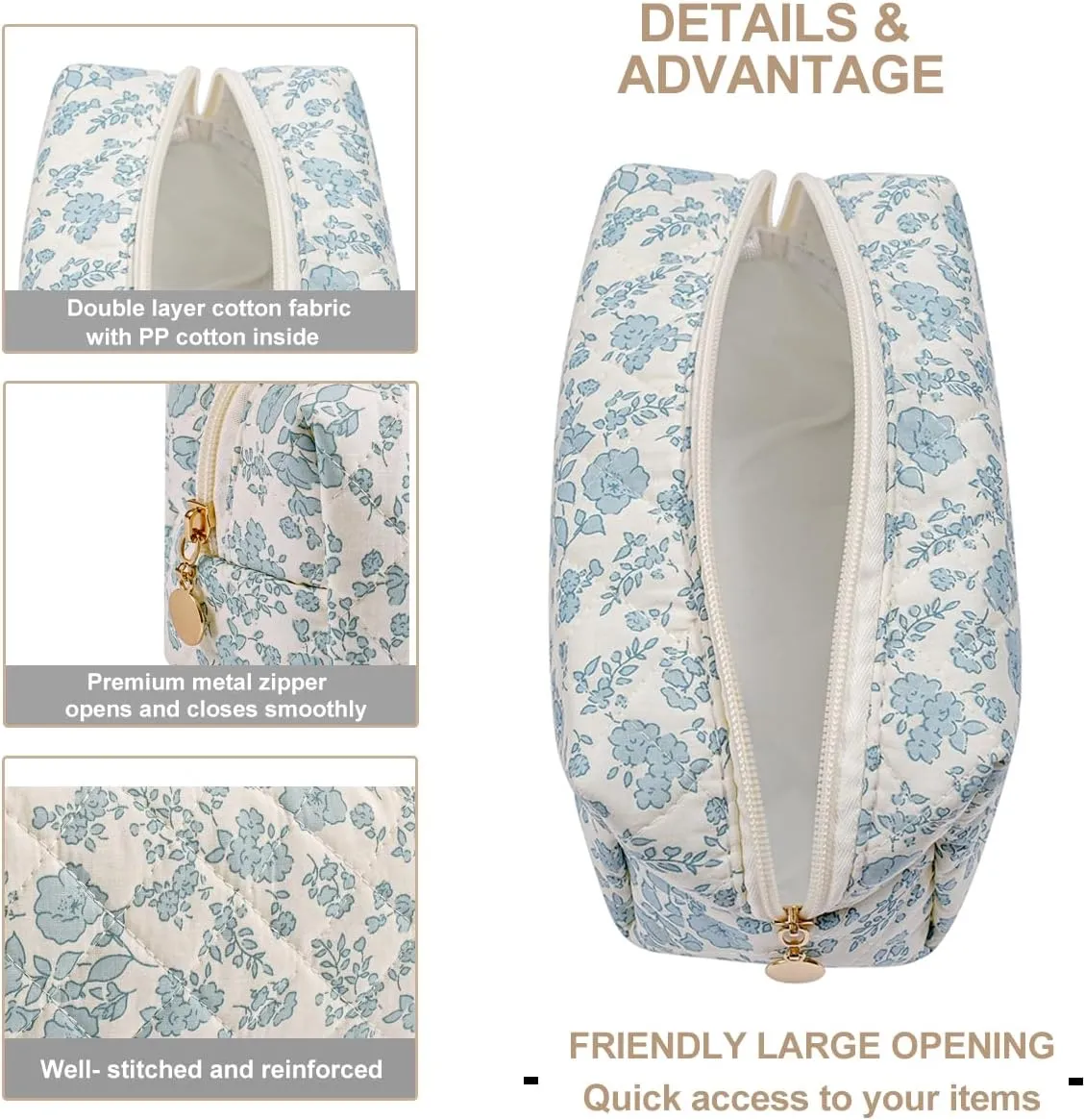 Gleyemor 2 Pieces Quilted Makeup Bag, Cute Floral Cosmetic Bag for Women, Cotton Make Up Bag Set, Flower Travel Toiletry Bag Tote Bag Organizer (Blue Floral  Blue Bowknot)
