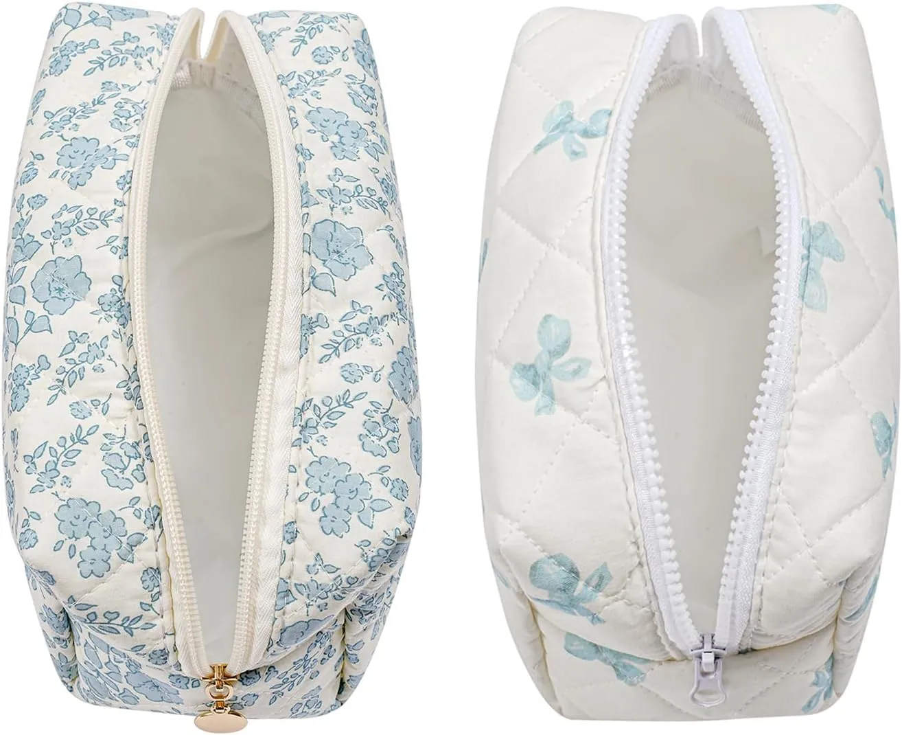 Gleyemor 2 Pieces Quilted Makeup Bag, Cute Floral Cosmetic Bag for Women, Cotton Make Up Bag Set, Flower Travel Toiletry Bag Tote Bag Organizer (Blue Floral  Blue Bowknot)