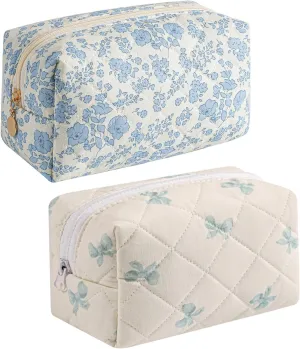 Gleyemor 2 Pieces Quilted Makeup Bag, Cute Floral Cosmetic Bag for Women, Cotton Make Up Bag Set, Flower Travel Toiletry Bag Tote Bag Organizer (Blue Floral  Blue Bowknot)