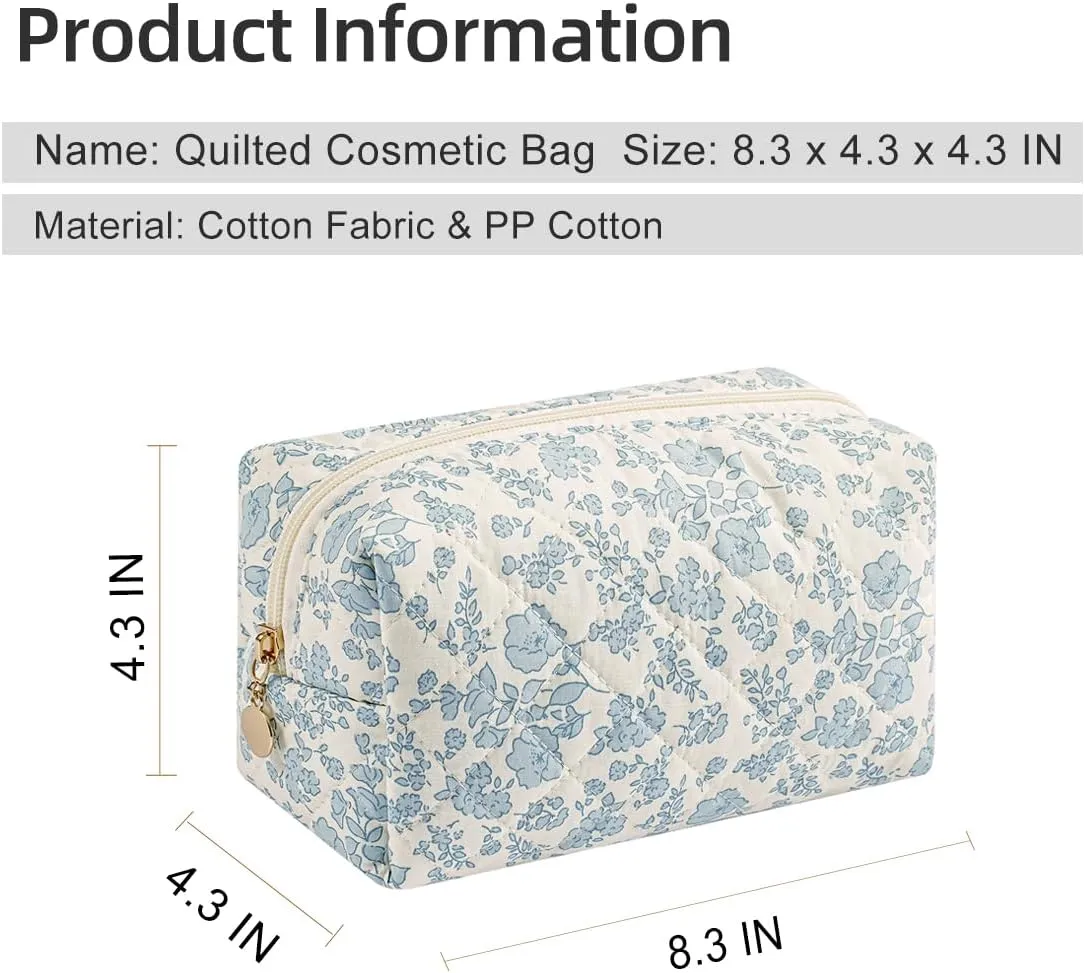 Gleyemor 2 Pieces Quilted Makeup Bag, Cute Floral Cosmetic Bag for Women, Cotton Make Up Bag Set, Flower Travel Toiletry Bag Tote Bag Organizer (Blue Floral  Blue Bowknot)