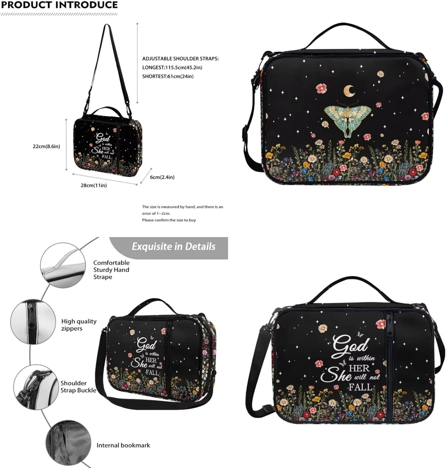 God is within Her She Will Not Fall Bible Cover for Womens Large Size Casual Waterproof Floral Graphic Bibile Bag and Keychain with Shoulder Strap for Big Girls Women