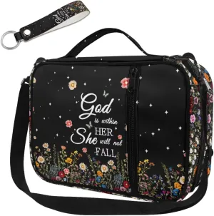 God is within Her She Will Not Fall Bible Cover for Womens Large Size Casual Waterproof Floral Graphic Bibile Bag and Keychain with Shoulder Strap for Big Girls Women