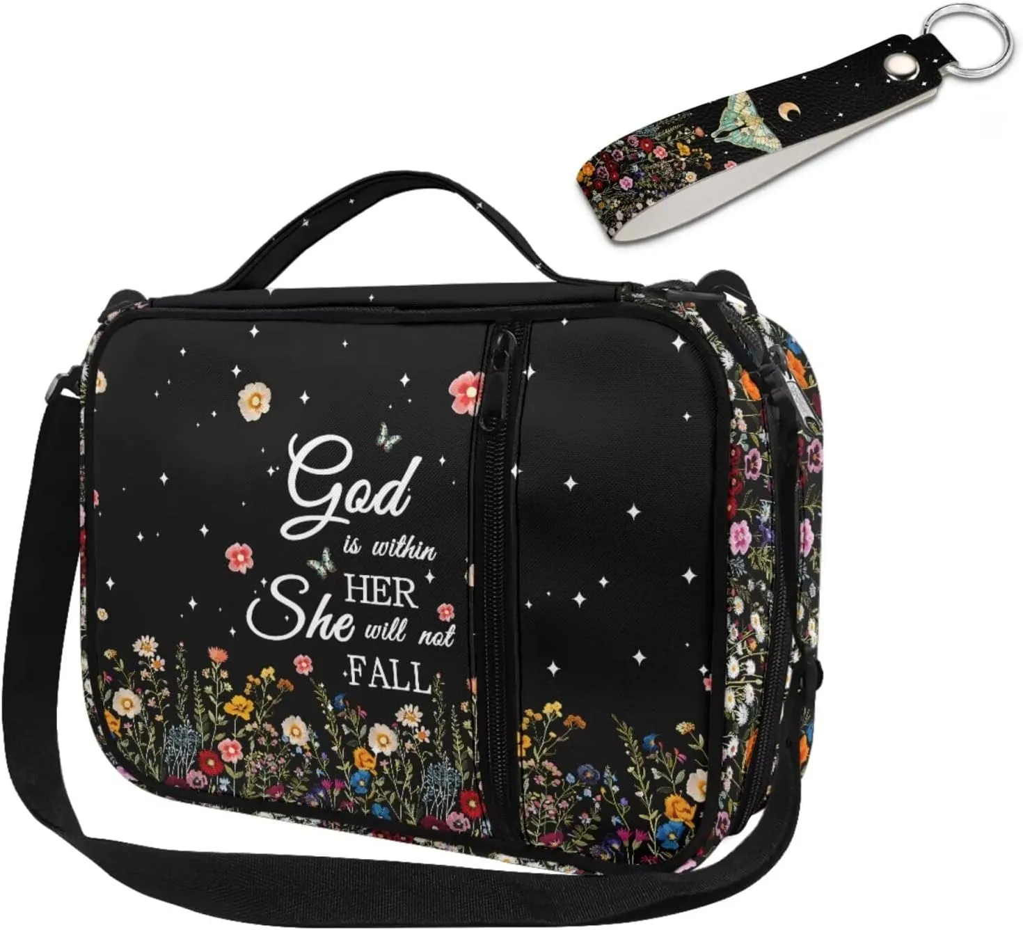 God is within Her She Will Not Fall Bible Cover for Womens Large Size Casual Waterproof Floral Graphic Bibile Bag and Keychain with Shoulder Strap for Big Girls Women