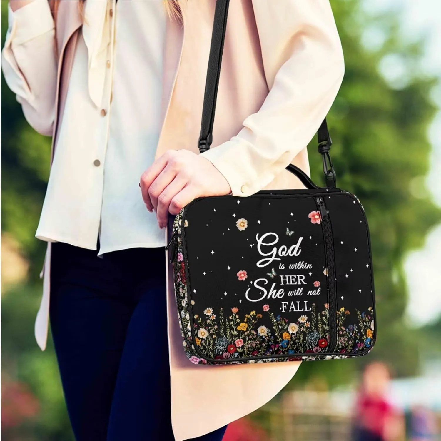 God is within Her She Will Not Fall Bible Cover for Womens Large Size Casual Waterproof Floral Graphic Bibile Bag and Keychain with Shoulder Strap for Big Girls Women