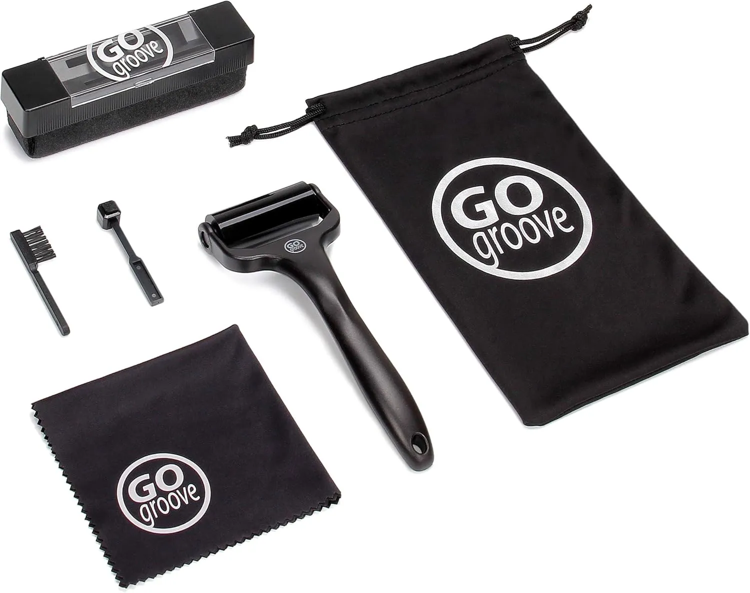 GOgroove 6-in-1 Vinyl Record Cleaner Kit - Velvet Record Brush for Turntable Player, Silicone Roller, Stylus Brush Cleaner, Repair Whisk, Microfiber Cleaning Cloth and Drawstring Travel Pouch