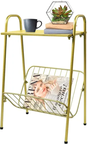 Gold End Table - Modern Small Accent Metal Side Table with Magazine Storage for Record Player Stand, Living Room, ​Farmhouse, Bedside Table - 24in