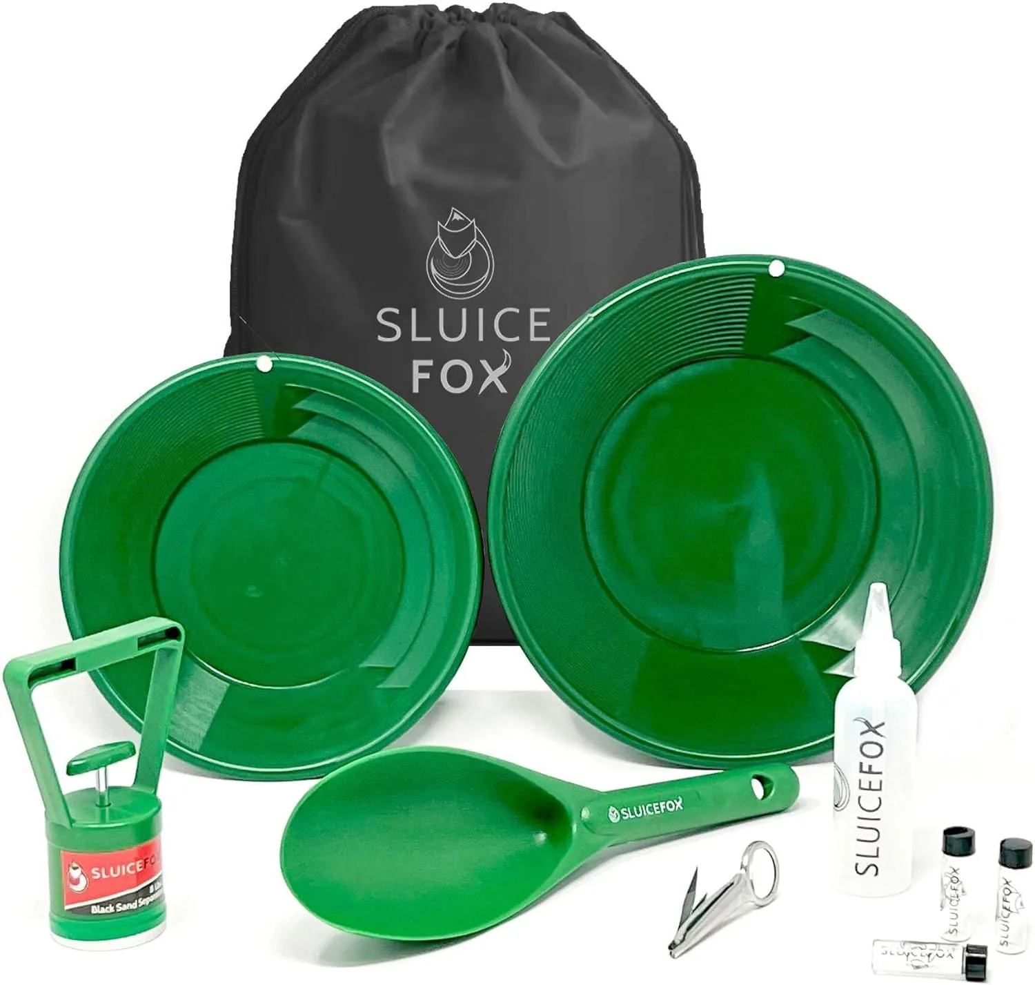 Gold Rush panning kit with Carry Bag; 10-Piece Prospecting Tools for Adults and Kids. Gold pan Accessories; Black Sand Magnet, Plastic Gold Shovel, snifter Bottle, Tweezers and Gold vials Green