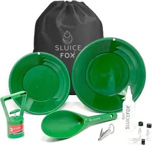 Gold Rush panning kit with Carry Bag; 10-Piece Prospecting Tools for Adults and Kids. Gold pan Accessories; Black Sand Magnet, Plastic Gold Shovel, snifter Bottle, Tweezers and Gold vials Green