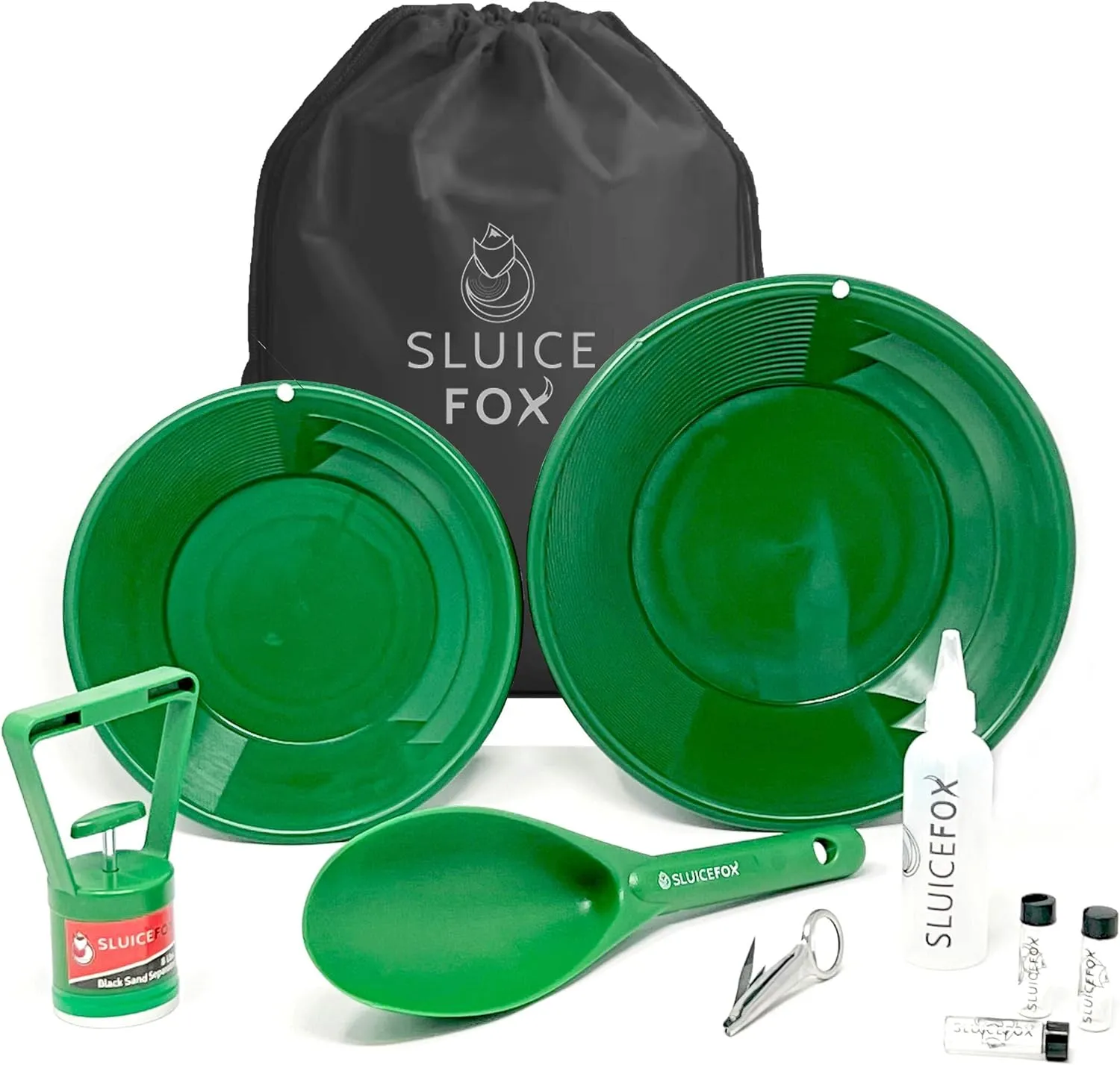 Gold Rush panning kit with Carry Bag; 10-Piece Prospecting Tools for Adults and Kids. Gold pan Accessories; Black Sand Magnet, Plastic Gold Shovel, snifter Bottle, Tweezers and Gold vials Green