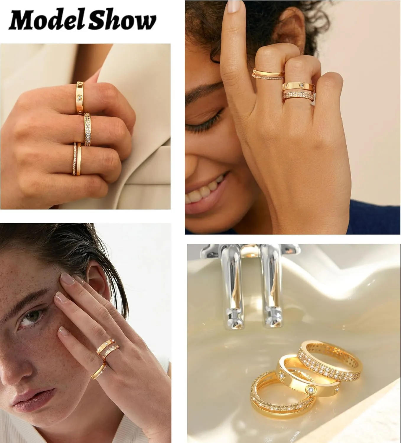 Gold Silver Rings for Women Non Tarnish Stackable Rings Trendy Dainty 18K Gold Plated Stacking Cubic Zirconia Thumb Ring Set Love Friendship Dual Band Rings Promise Wedding Engagement Rings Size 6 7 8 9 10 11