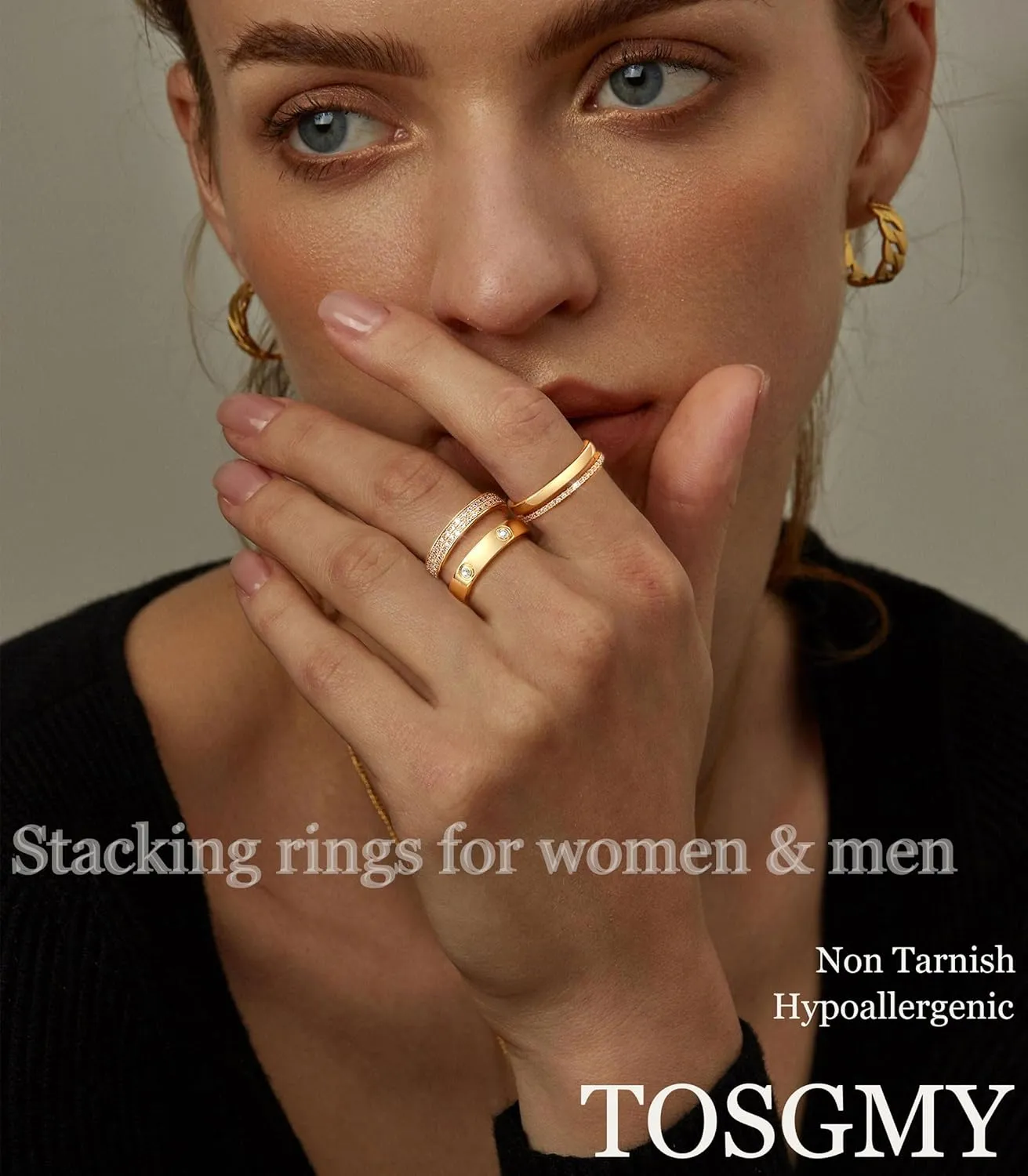 Gold Silver Rings for Women Non Tarnish Stackable Rings Trendy Dainty 18K Gold Plated Stacking Cubic Zirconia Thumb Ring Set Love Friendship Dual Band Rings Promise Wedding Engagement Rings Size 6 7 8 9 10 11