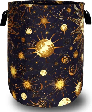 Golden Sun Pattern Laundry Basket Galaxy Funny Laundry Hamper Foldable Oxford Cloth Universe Colorful Tote Bag Clothes Toy Storage Bucket 18.9" x 16.5"For Bathroom/Laundry Storage/Bedroom