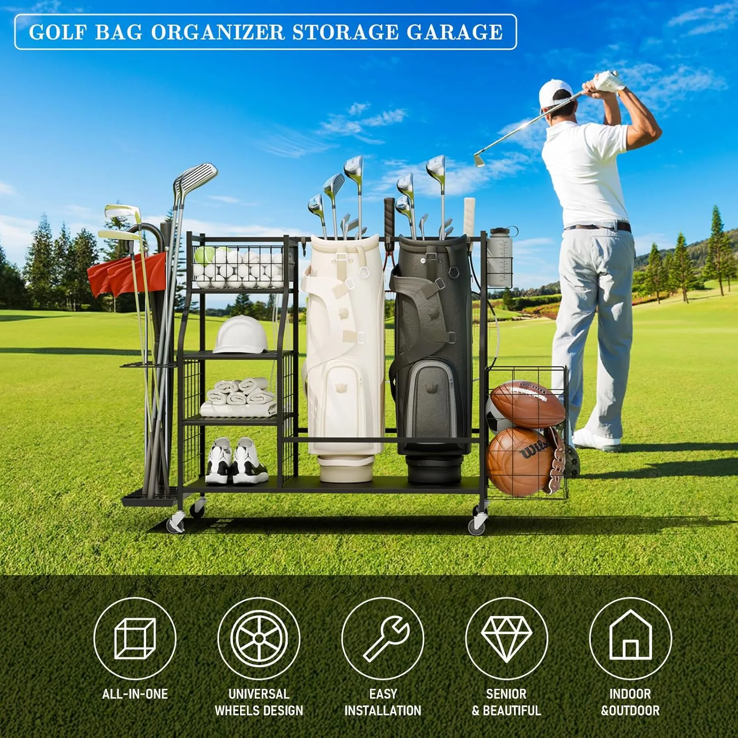 Golf Storage Garage Organizer, Golf Bag Storage Stand and Other Golfing Equipment Rack, Extra Storage Rack for Golf Clubs