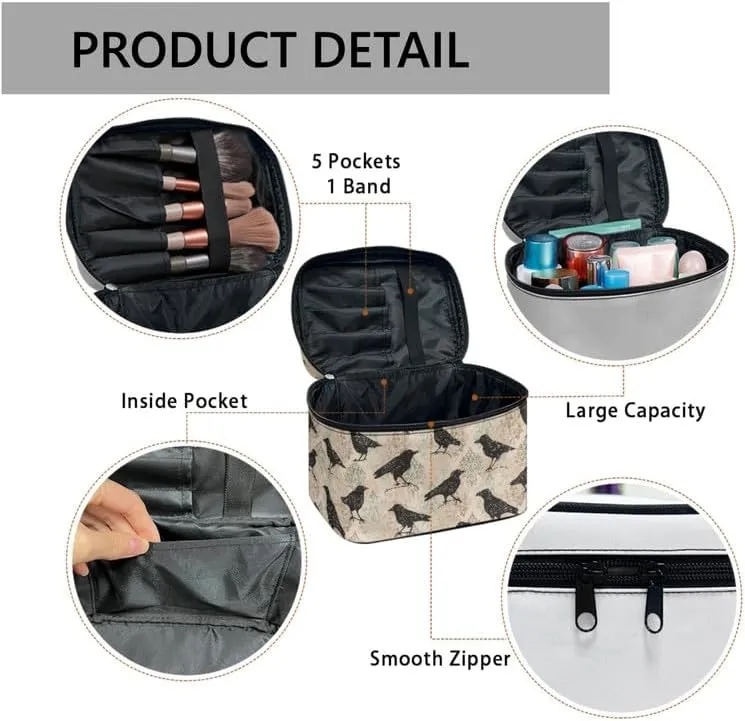 Goth Raven Print Large Makeup Toiletry Bag for Women, Gothic Damask Floral Cosmetic Travel Toiletries Storage Pouch Case for Accessories