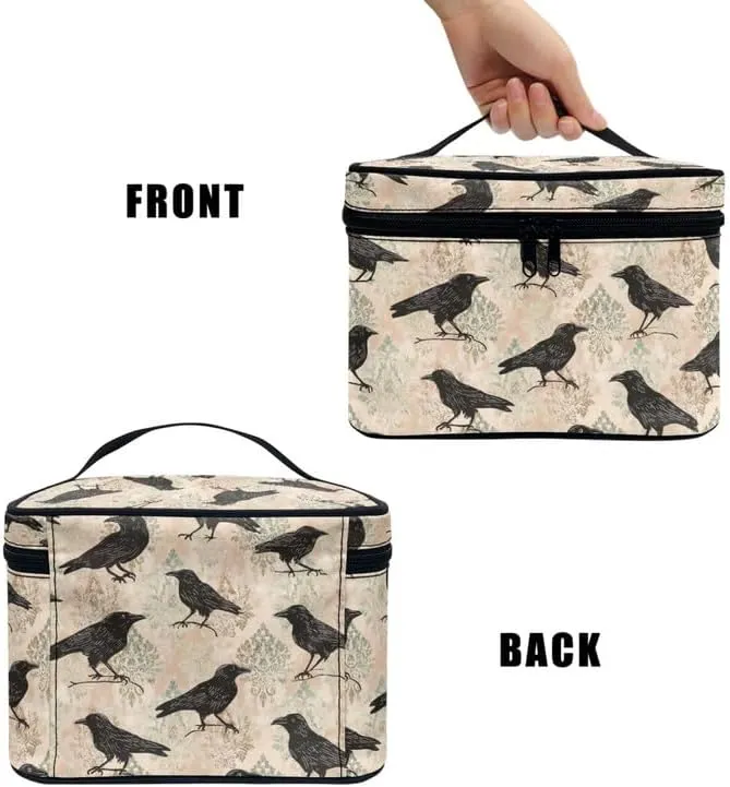 Goth Raven Print Large Makeup Toiletry Bag for Women, Gothic Damask Floral Cosmetic Travel Toiletries Storage Pouch Case for Accessories