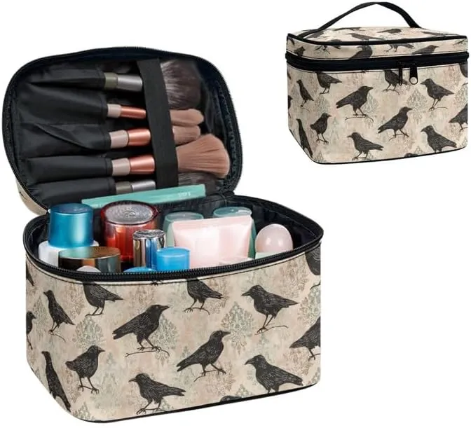 Goth Raven Print Large Makeup Toiletry Bag for Women, Gothic Damask Floral Cosmetic Travel Toiletries Storage Pouch Case for Accessories