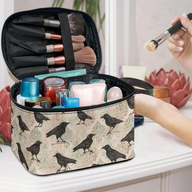 Goth Raven Print Large Makeup Toiletry Bag for Women, Gothic Damask Floral Cosmetic Travel Toiletries Storage Pouch Case for Accessories