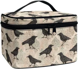 Goth Raven Print Large Makeup Toiletry Bag for Women, Gothic Damask Floral Cosmetic Travel Toiletries Storage Pouch Case for Accessories