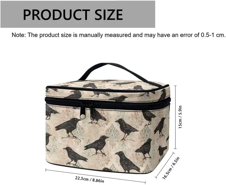 Goth Raven Print Large Makeup Toiletry Bag for Women, Gothic Damask Floral Cosmetic Travel Toiletries Storage Pouch Case for Accessories