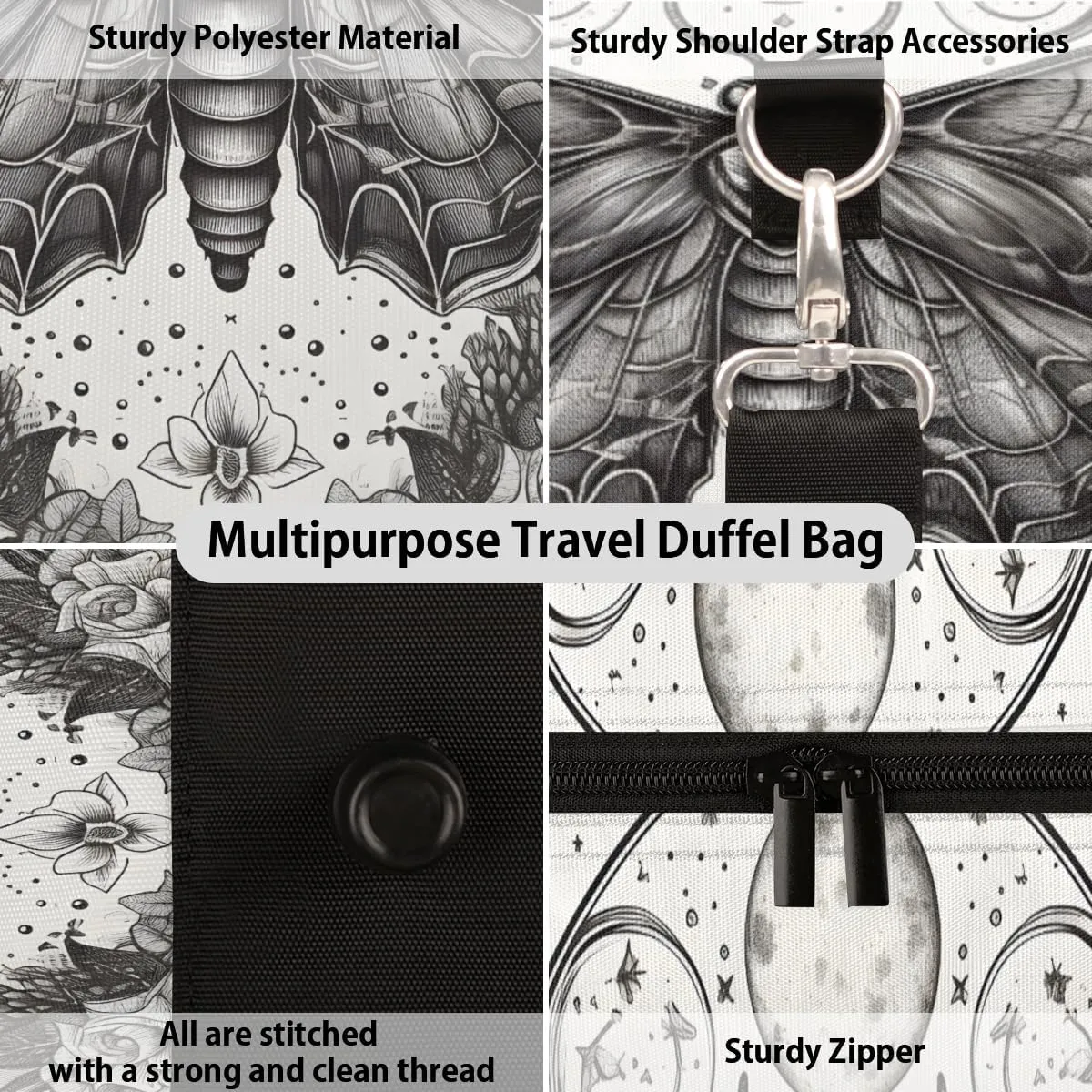 Gothic Moth Travel Duffle Bag for Women Men Gym Duffel Foldable Bag Waterproof Weekender Retro Mysterious Duffle Tote