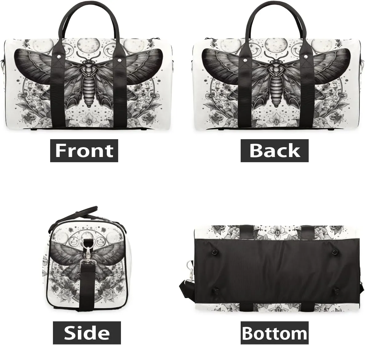 Gothic Moth Travel Duffle Bag for Women Men Gym Duffel Foldable Bag Waterproof Weekender Retro Mysterious Duffle Tote