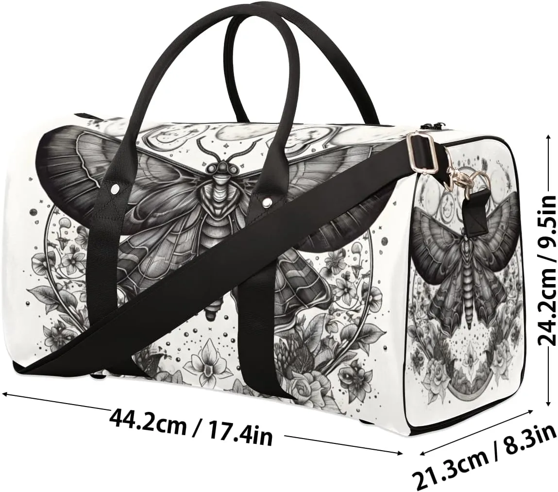 Gothic Moth Travel Duffle Bag for Women Men Gym Duffel Foldable Bag Waterproof Weekender Retro Mysterious Duffle Tote