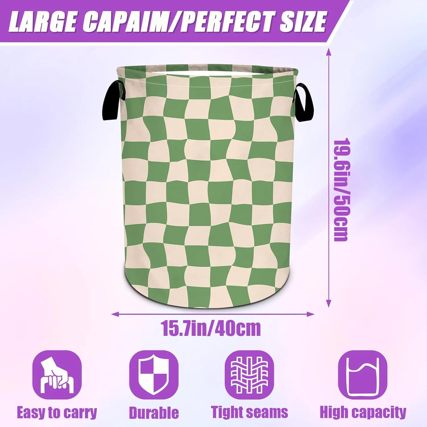 Green Checkerboard Laundry Basket Foldable Laundry Hamper Tote Bag Storage Bucket Toy Organizer For Bathroom/Laundry/Bedroom（19.6x15.7inch）