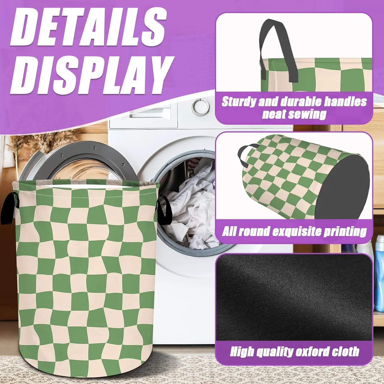 Green Checkerboard Laundry Basket Foldable Laundry Hamper Tote Bag Storage Bucket Toy Organizer For Bathroom/Laundry/Bedroom（19.6x15.7inch）