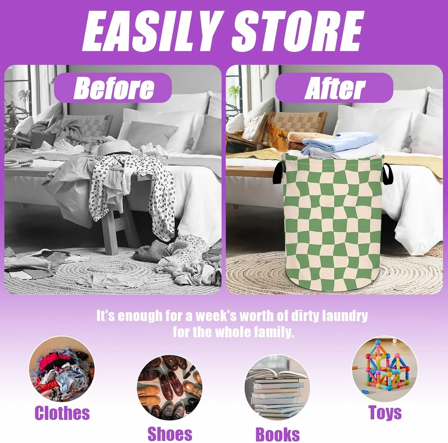 Green Checkerboard Laundry Basket Foldable Laundry Hamper Tote Bag Storage Bucket Toy Organizer For Bathroom/Laundry/Bedroom（19.6x15.7inch）